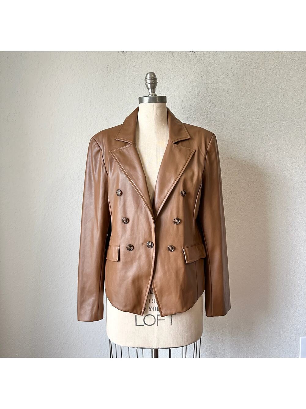 EVEREVE Vegan Leather Blazer Brown Lined Double Breasted Pea Coat
